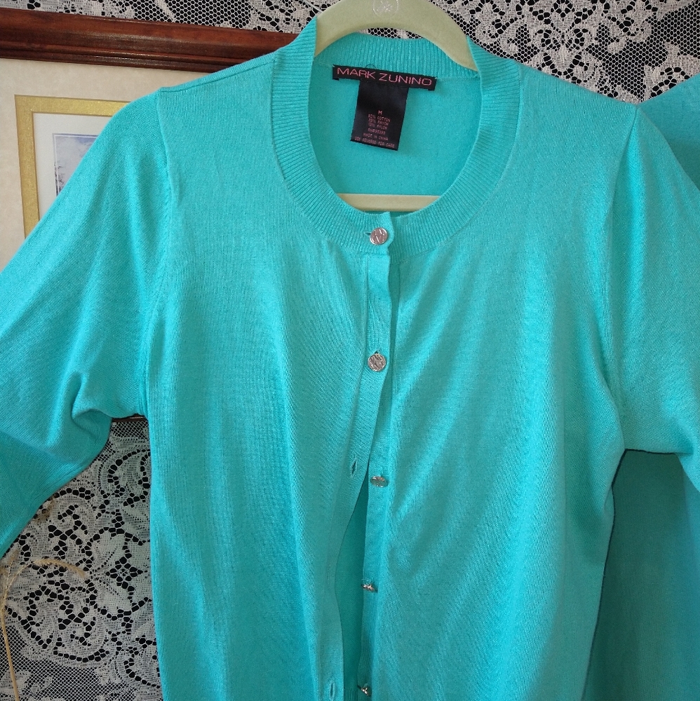 Mark Zunino light blue shirt and cardigan sweater coordinated set shoulder deco - Picture 2 of 7